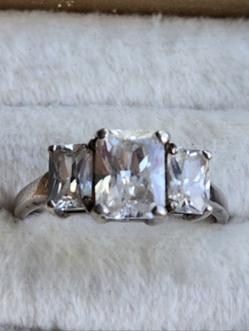VTG 925 Sterling Silver 3-Stone Radiant Cut CZ Engagement Statement Ring 8.75